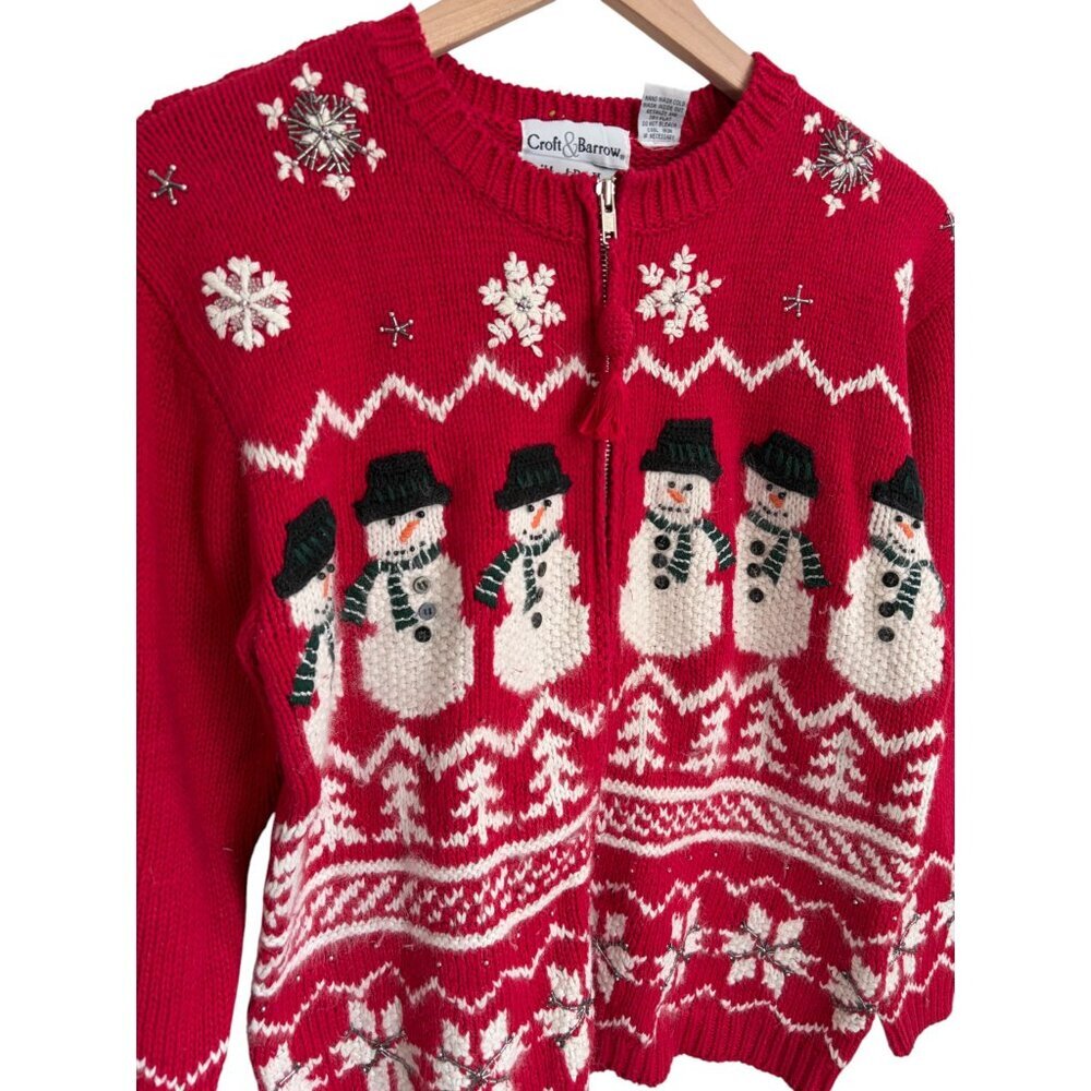 Vintage Hand Knit "Ugly" Christmas Holiday Snowflake Snowmen Sweater - Picture 2 of 6